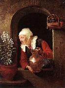 DOU, Gerrit Old Woman Watering Flowers sd oil painting on canvas